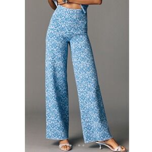 Maeve Anthropologie Blue Jacquard Knit Wide Leg Pants Damask Print Medium